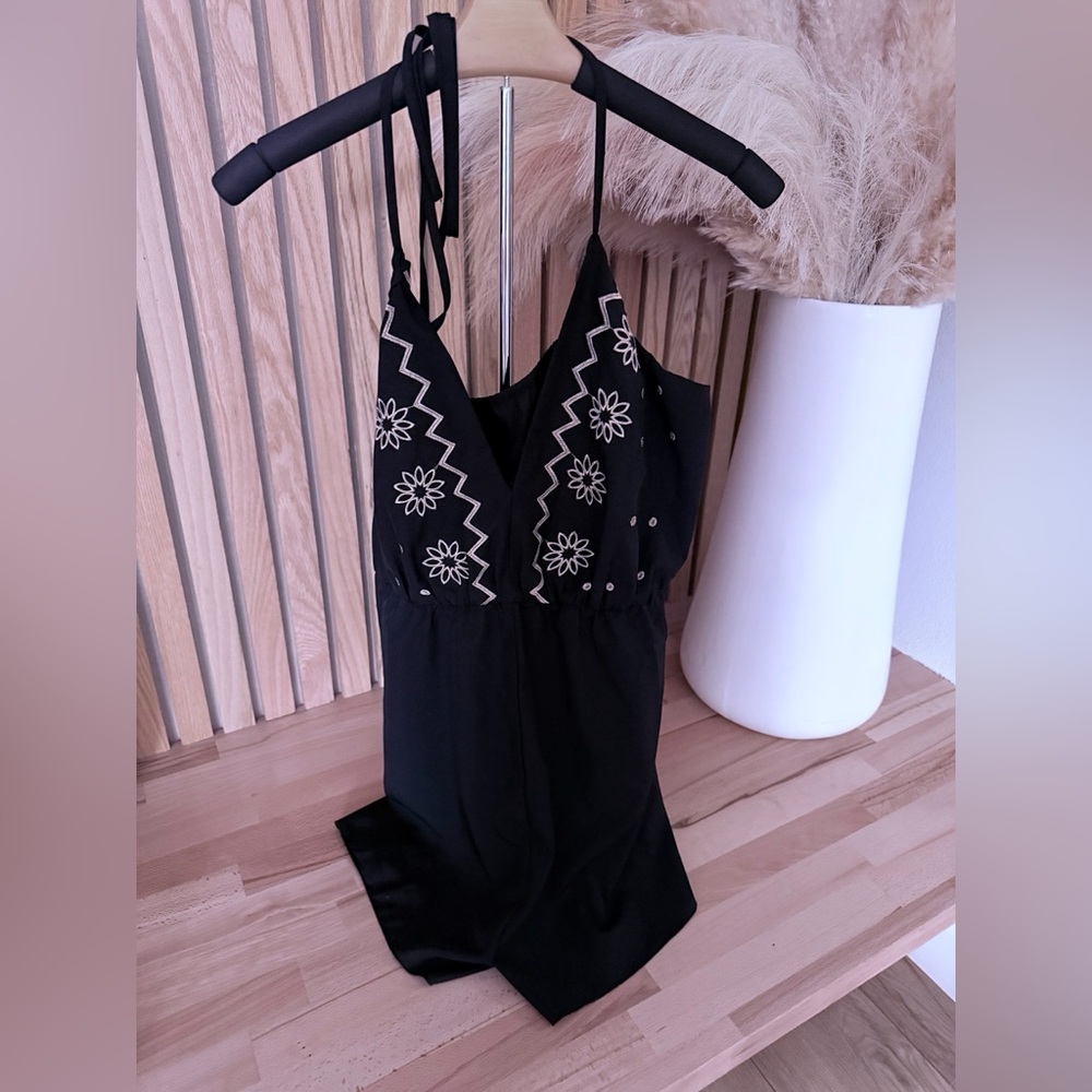 Black Romper with Gold Floral Embroidery and V-Neck